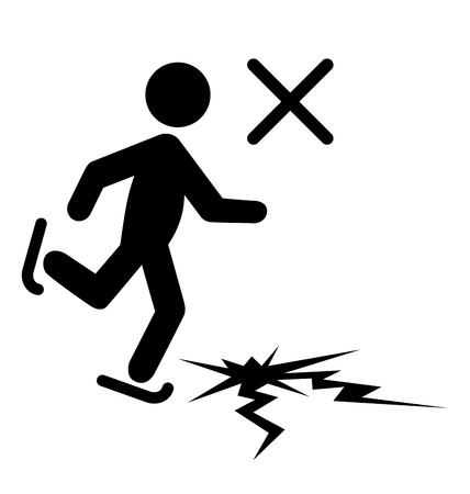 Winter Caution Danger Information Man with Skates on Thin Ice Flat Black Pictogram Icon Isolated on White Backgroundのイラスト素材