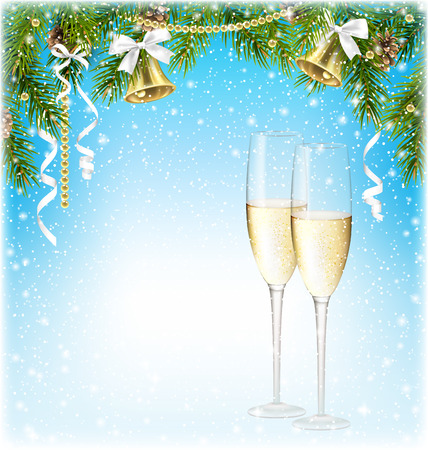Shiny Christmas Background with Sparkling Wine Champagne Jingle Bells and Pine Branches in Snowfallのイラスト素材
