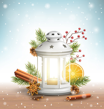 Christmas Lantern with Spices in Snowfall on Wooden Floor on Blue Backgroundのイラスト素材