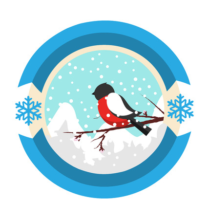 Christmas Winter and New Year Label Icon with Bullfinch and Mountains Isolated on White Backgroundのイラスト素材