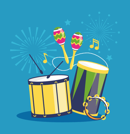 Fireworks and Musical Instruments on Blue Backgroundのイラスト素材