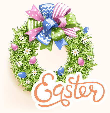 Easter Festive Grass Wreath with Bow on Beige Backgroundのイラスト素材