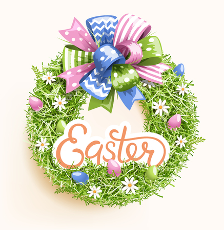Easter Festive Grass Wreath with Bow Egg Flower on Beige Backgroundのイラスト素材