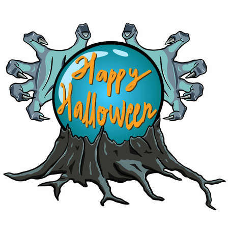 Vector illustration of Happy Halloween with hands, crystal ball, and creepy woodのイラスト素材