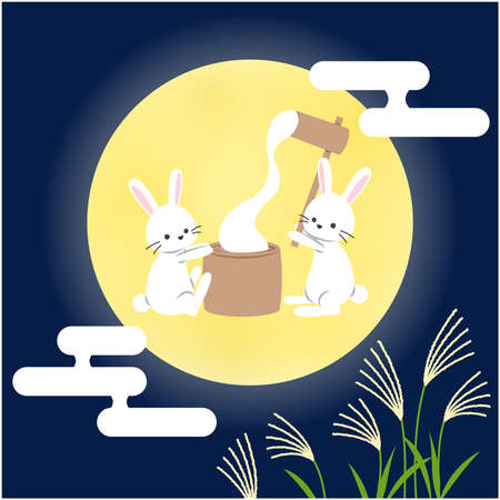 The rabbit which sticks to the rice cake in the 15th night_ moonのイラスト素材