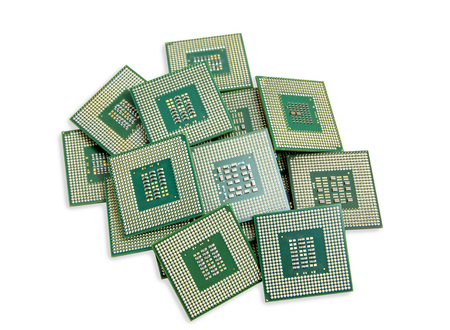 Closeup picture - heap of old unused CPU processors 