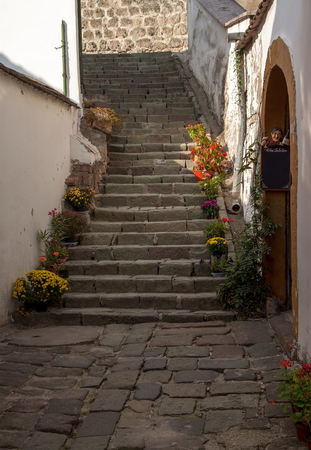 Typical European Alley in Szentendre - beautiful stairs in a narrow streets, Hungaryの写真素材