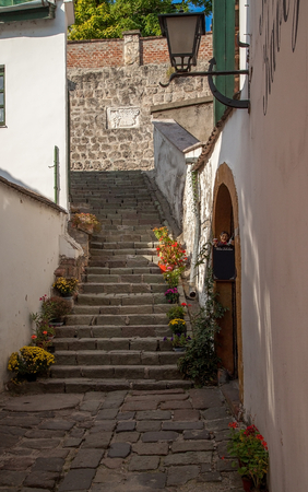 Typical European Alley in Szentendre - beautiful stairs in a narrow streets, Hungaryの写真素材