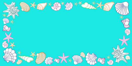 blue iridescent postcard, a border of starfish and shellsのイラスト素材