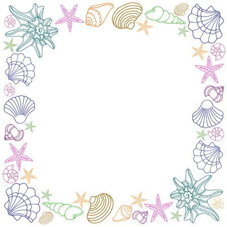 square white postcard colored seashells, contour lines,    sea summer vacationのイラスト素材