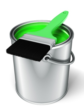 3d light green paint can and paint brush の写真素材