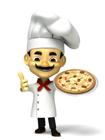 3d cute chef with pizzaの写真素材