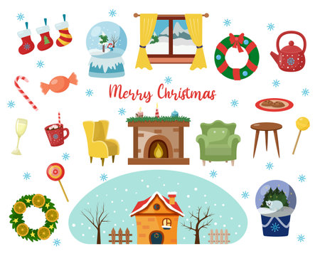 Christmas vector set in flat cartoon style: armchair, fireplace, sweets, winter house, cup of cocoa. Christmas collection for decoration of New Year cards and design. happy winterのイラスト素材