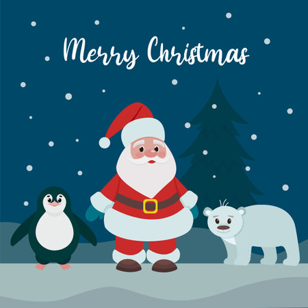 Christmas card with santa claus and animals. polar bear and penguin. vector illustration. Happy New Year and Merry Christmas!のイラスト素材