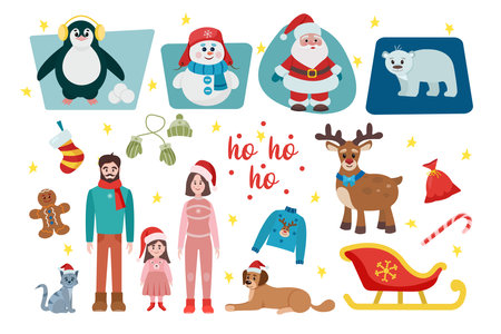 Christmas set with characters: santa claus, gingerbread man, reindeer, polar bear, snowman, penguin, family, cat and dog. flat vector style. Happy New Year and Merry Christmas. Holのイラスト素材