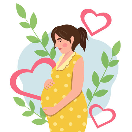 Happy pregnancy and waiting process. Pregnant woman in a yellow dress. Pregnancy and motherhood. Vector illustration in a flat style. Pregnant girl holding her stomach.のイラスト素材
