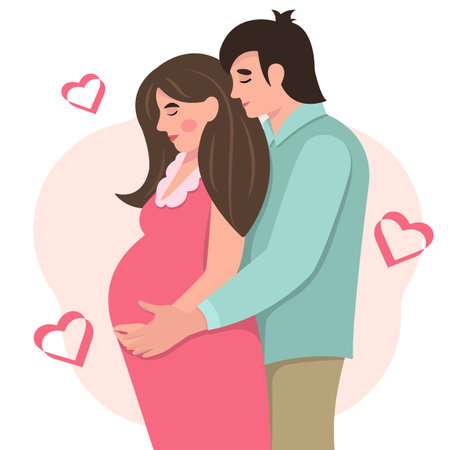 happy family concept. A young couple is expecting a baby. happy relationship. Pregnancy and motherhood. Vector illustration in a flat style. cartoon character. Pregnant girl.のイラスト素材