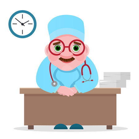 cartoon doctor. Vector illustration in a flat style. doctor at work. healthcare. doctor's office. The doctor's consultation. male doctor. medicine concept.のイラスト素材
