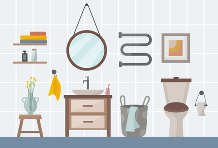 Bathroom interior flat style. Toilet with furniture and fixtures, sink, mirror, towels, vase of flowers.のイラスト素材
