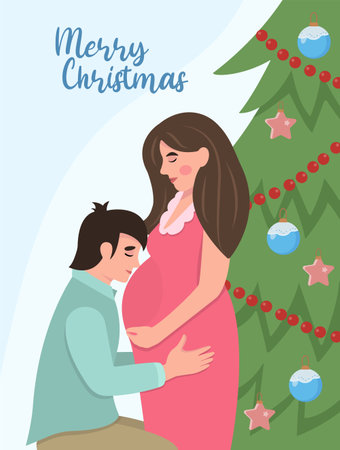 holiday concept. Lovely pregnant woman with her husband on the background of the Christmas tree. Sozy winter vector illustration in a flat style. Pregnancy.のイラスト素材