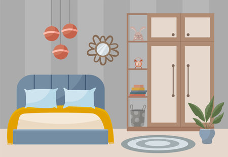 Cozy bedroom. Bedroom interior: bed, carpet, lamp, mirror, potted plants, wardrobe. Interior concept. Vector flat illustration.のイラスト素材