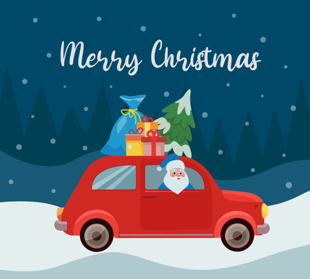 Red car with a bag of gifts and a Christmas tree on the roof. Santa Claus driving a car. Vector Christmas and New Year card. Vector illustration.のイラスト素材