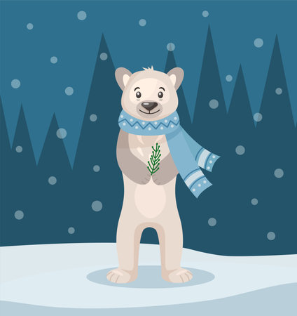 Holiday concept. Bear in the forest. Portrait of a bear. Happy Holidays. Greeting concept. Ideal for print, postcard or label. New Year card. Vector illustration.のイラスト素材