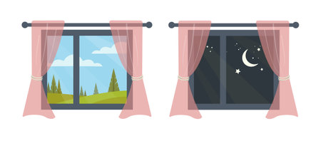 Vector illustration of two windows with curtains showing day and night views. One window displays a sunny landscape with blue sky and green hills, the other shows a starry night skのイラスト素材