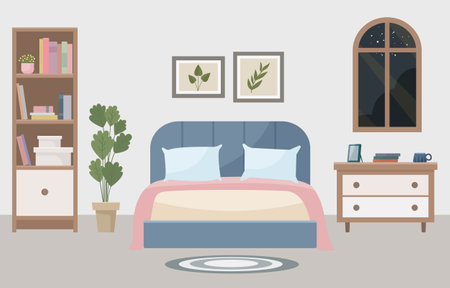 Cozy living room with bed, window, bookshelf and house plant. Ideal for websites, social media and interior design projects. Home furniture. Vector.のイラスト素材