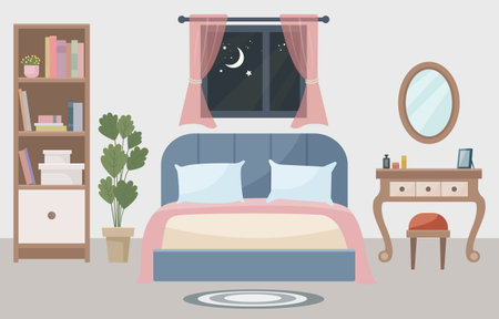 Warm and cozy bedroom with a comfortable bed, soft light lamp, window, dressing table and indoor plant. It's night outside. Interior concept. Ideal for websitesのイラスト素材