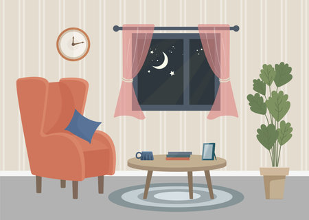 apartment, armchair, carpet, coffee table, comfortable, concept, cozy, cozy living room, decor, decoration, design, details, digital art, domestic, domestic life, flat, flat designのイラスト素材