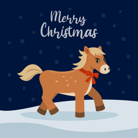 Horse against the background of a night landscape. Falling snow. Winter and festive New Year's mood. Ideal for holiday cards and illustrations. Vector illustration.のイラスト素材
