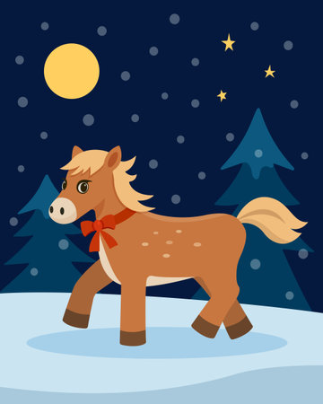 Horse against a night city background with bright lights, conveying a winter and festive New Year mood. Perfect for holiday cards and illustrations. Vector illustration.のイラスト素材