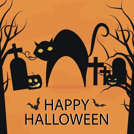 Happy Halloween Vector. Greeting card. Cat with burning eyes in the cemetery with pumpkins. Black silhouette. Forest animal. Flat design. Orange backgroundのイラスト素材