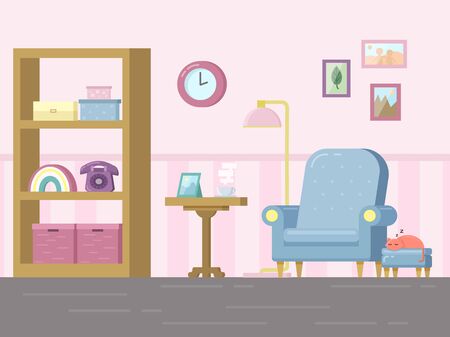 Living room with furniture and sleeping cat. Cozy interior with armchair and bookcase. Flat style vector illustration.のイラスト素材