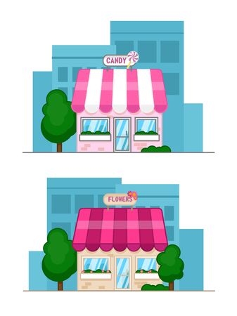 Flat design vector illustration of small business concept. House with shop. Flat candy shop and flower shopのイラスト素材