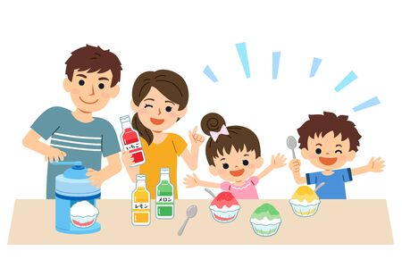 Family-friendly summer. Parents, sons and daughters, and the whole family smile and make shaved ice.のイラスト素材
