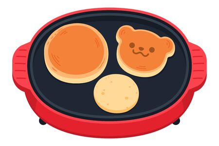A lot of delicious delicious pancakes are baked, and a cute red and round hot plate.
のイラスト素材