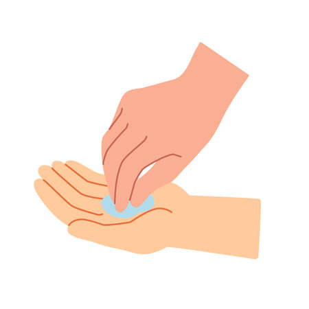 Procedure for hand disinfection using disinfectant. Alcohol disinfection. 2. Rub your fingertips in the disinfectant solution (both hands).のイラスト素材