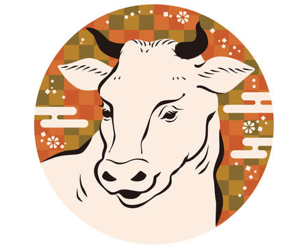 A Japanese-style background and a white cow's face that looks like a brush.のイラスト素材