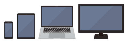 A set of four types of terminal devices facing the front (personal computer monitor, laptop...