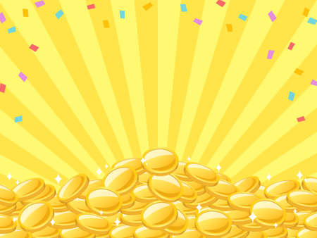 The background of the frame where colorful confetti and many gold coins are piled up like a mountain on the background of yellow concentrated lines.のイラスト素材