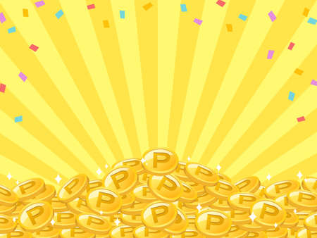 The background of the frame where colorful confetti and many gold point coins are piled up like a mountain on the background of yellow concentrated lines.のイラスト素材