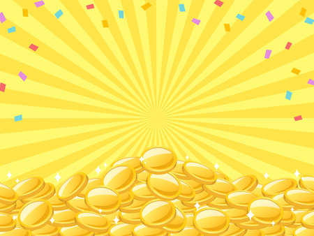 The background of the frame where colorful confetti and many gold coins are piled up like a mountain on the background of yellow concentrated lines.のイラスト素材