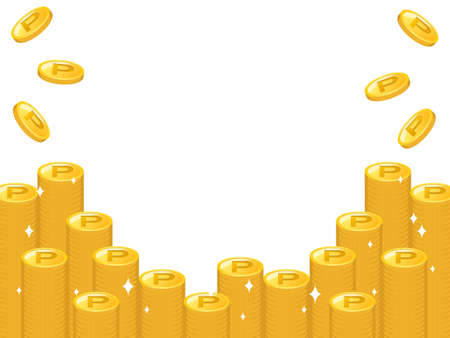 Gold point coin frame that shines on a white background.の写真素材