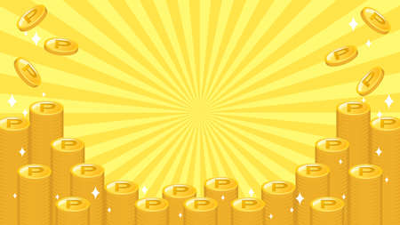 Frame background of lots of gold point coins piled up and shining on the background of yellow concentrated lines.の写真素材