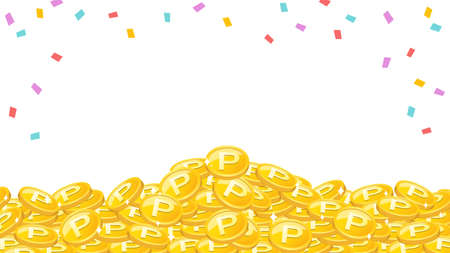 A frame background with a pile of colorful confetti and lots of gold point coins on a white background.のイラスト素材