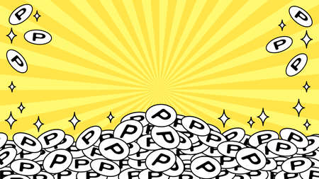 The background of the frame where many monochrome point coins are piled up like a mountain. Against the background of dark yellow lines.のイラスト素材