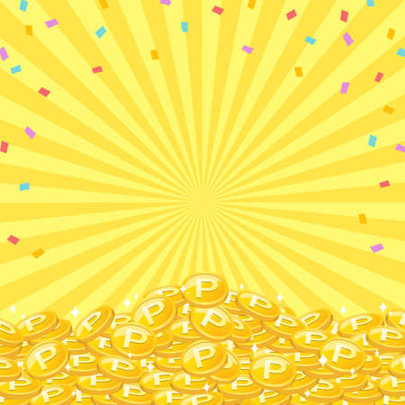 The background of the frame where colorful confetti and many gold point coins are piled up like a mountain on the background of yellow concentrated lines.のイラスト素材