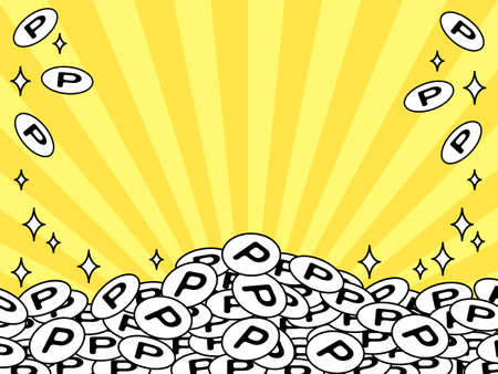 The background of the frame where many monochrome point coins are piled up like a mountain. Against the background of dark yellow lines.のイラスト素材